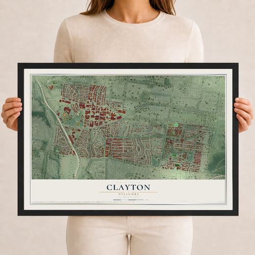 Map of Clayton, Missouri, 12 x 18 inch print in a black wood frame