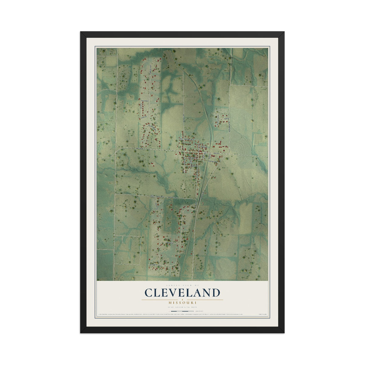 Map of Cleveland, Missouri, 12 x 18 inch print in a black wood frame