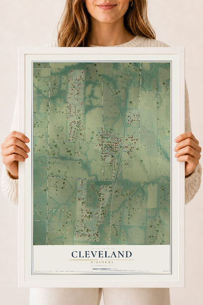 Map of Cleveland, Missouri, 18 x 24 inch print in a white wood frame