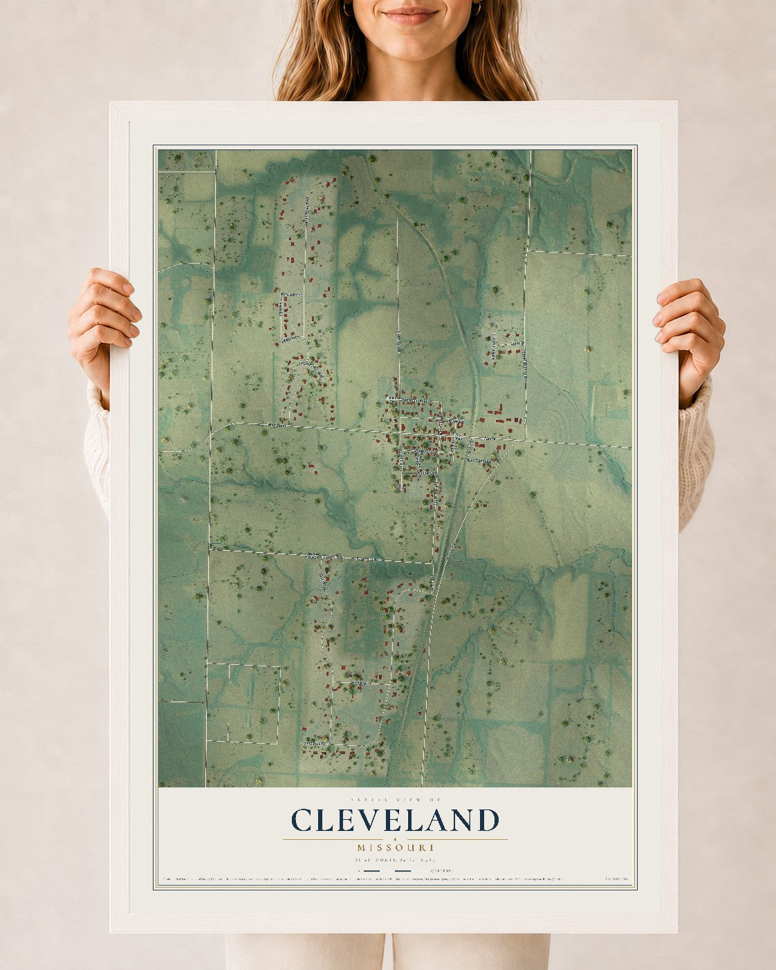 Map of Cleveland, Missouri, 24 x 36 inch print in a white wood frame