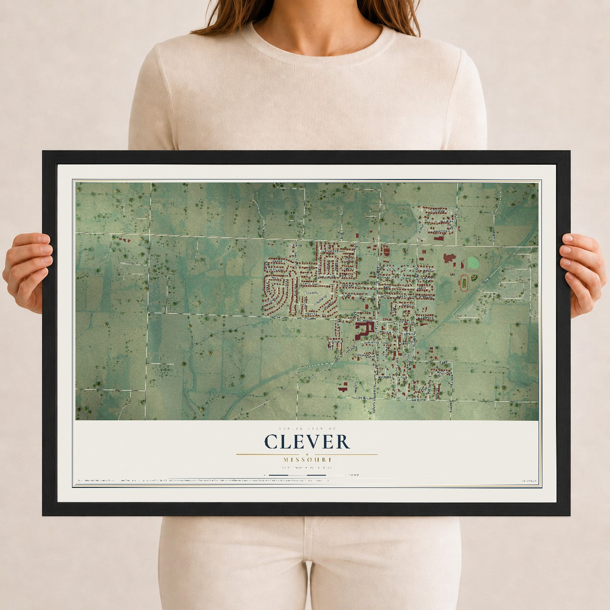 Map of Clever, Missouri, 12 x 18 inch print in a black wood frame