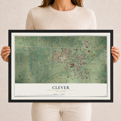 Map of Clever, Missouri, 12 x 18 inch print in a black wood frame