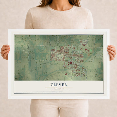 Map of Clever, Missouri, 12 x 18 inch print in a white wood frame
