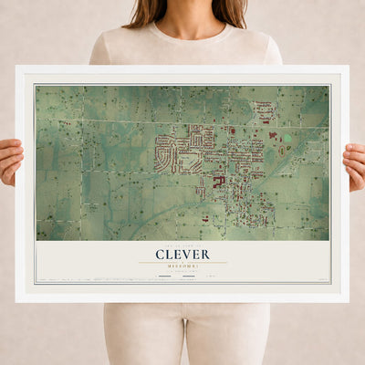 Map of Clever, Missouri, 18 x 24 inch print in a white wood frame