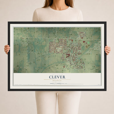 Map of Clever, Missouri, 24 x 36 inch print in a black wood frame