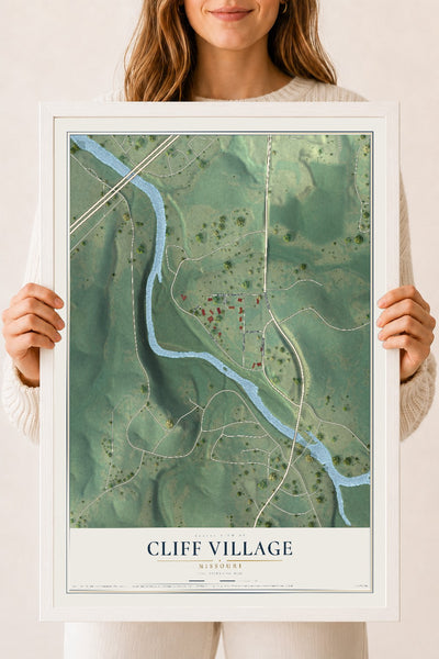 Map of Cliff Village, Missouri, 18 x 24 inch print in a white wood frame