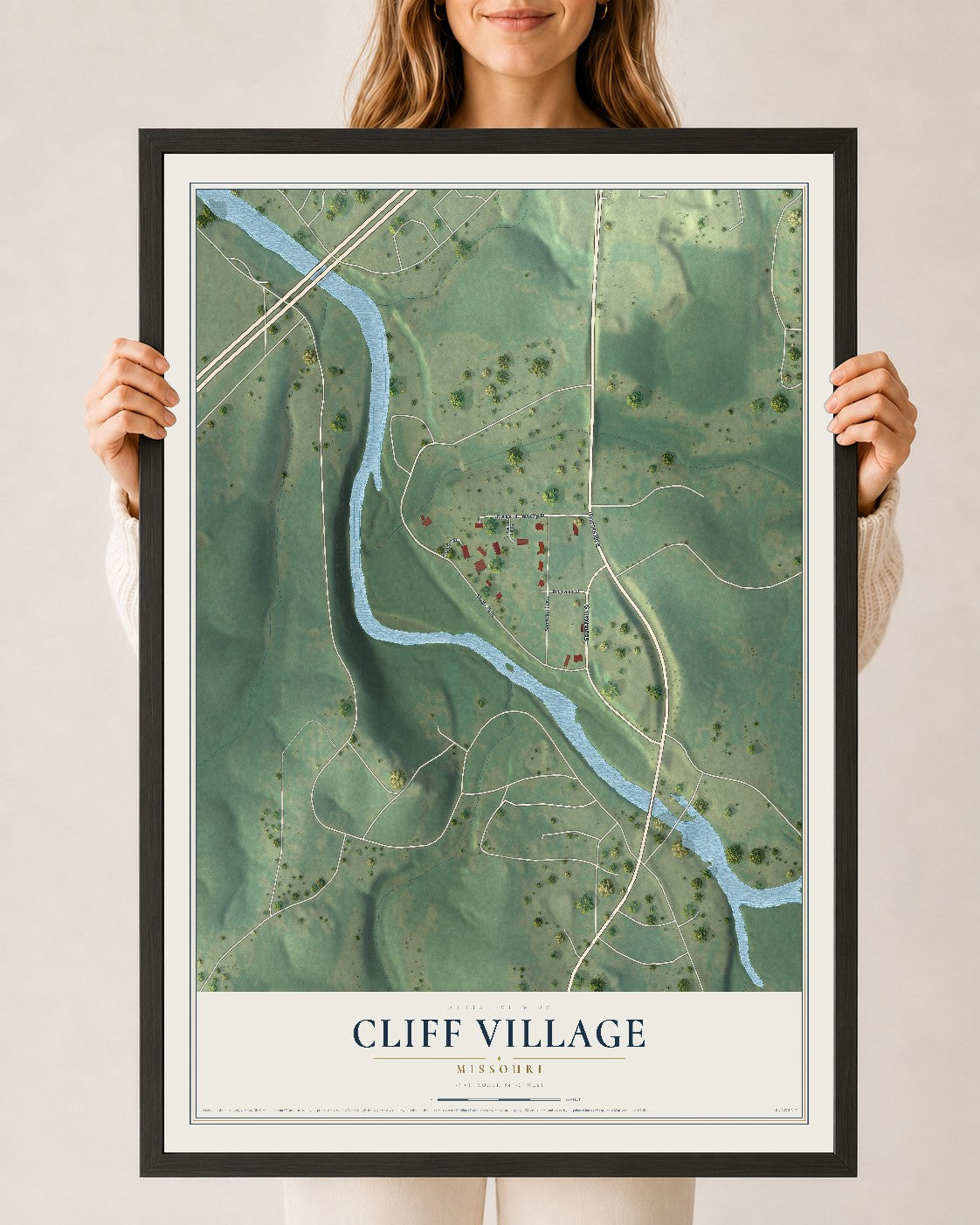 Map of Cliff Village, Missouri, 24 x 36 inch print in a black wood frame