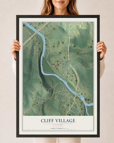 Map of Cliff Village, Missouri, 24 x 36 inch print in a black wood frame