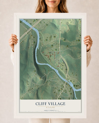 Map of Cliff Village, Missouri, 24 x 36 inch print in a white wood frame