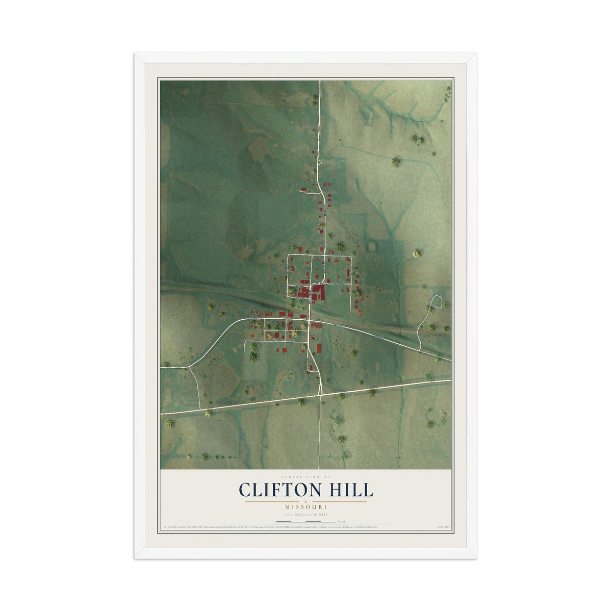 Map of Clifton Hill, Missouri, 12 x 18 inch print in a white wood frame