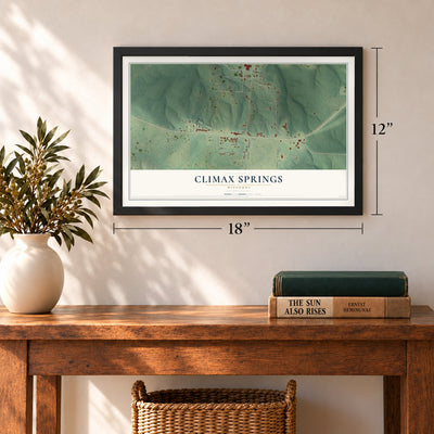 Climax Springs, Missouri map, 12 x 18 inch print in a black frame in an entryway