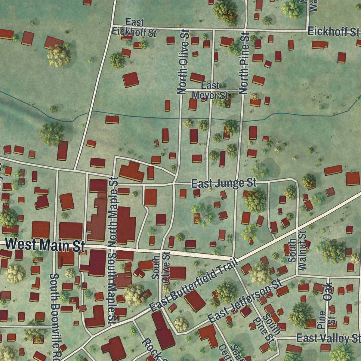 Close-up of the map of Cole Camp, Missouri print showing street and building detail