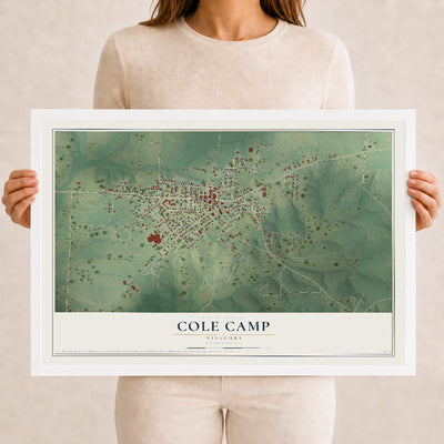 Map of Cole Camp, Missouri, 12 x 18 inch print in a white wood frame