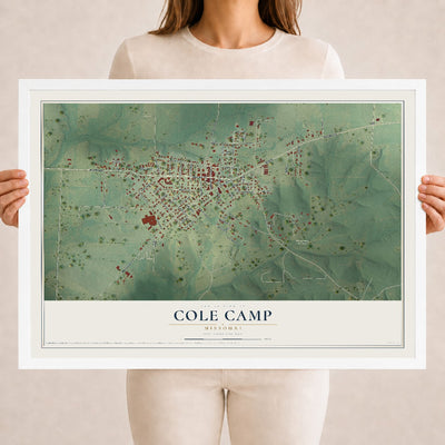 Map of Cole Camp, Missouri, 18 x 24 inch print in a white wood frame