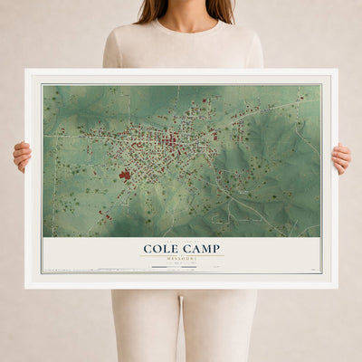Map of Cole Camp, Missouri, 24 x 36 inch print in a white wood frame