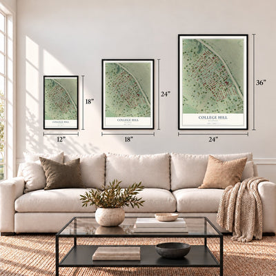 College Hill, Missouri map in 12 x 18, 18 x 24 and 24 x 36 inch sizes above a sofa