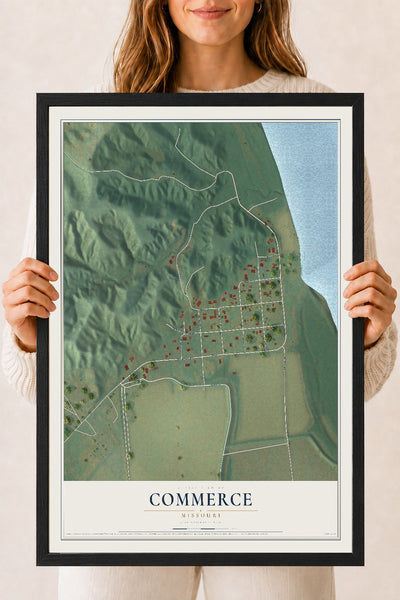 Map of Commerce, Missouri, 18 x 24 inch print in a black wood frame