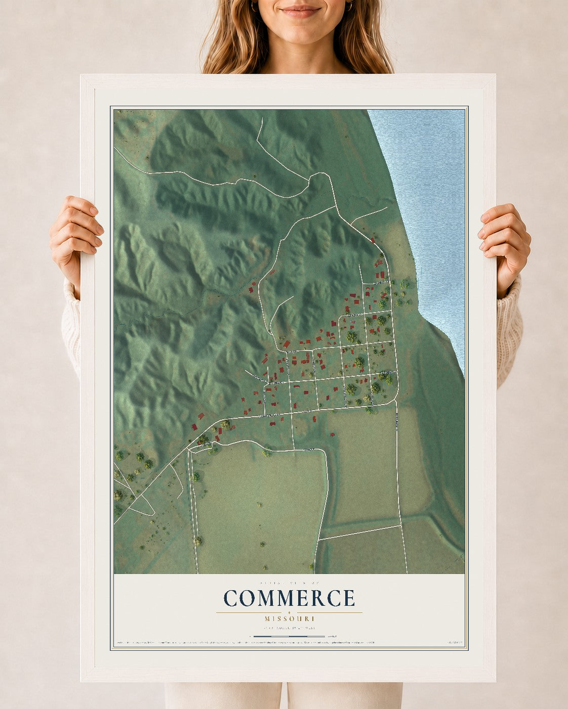 Map of Commerce, Missouri, 24 x 36 inch print in a white wood frame