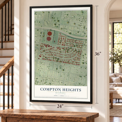 Compton Heights, Missouri map, 24 x 36 inch print in a black frame by a staircase