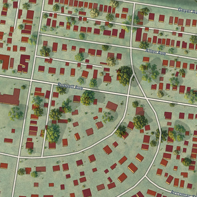 Close-up of the map of Compton Heights, Missouri print showing street and building detail