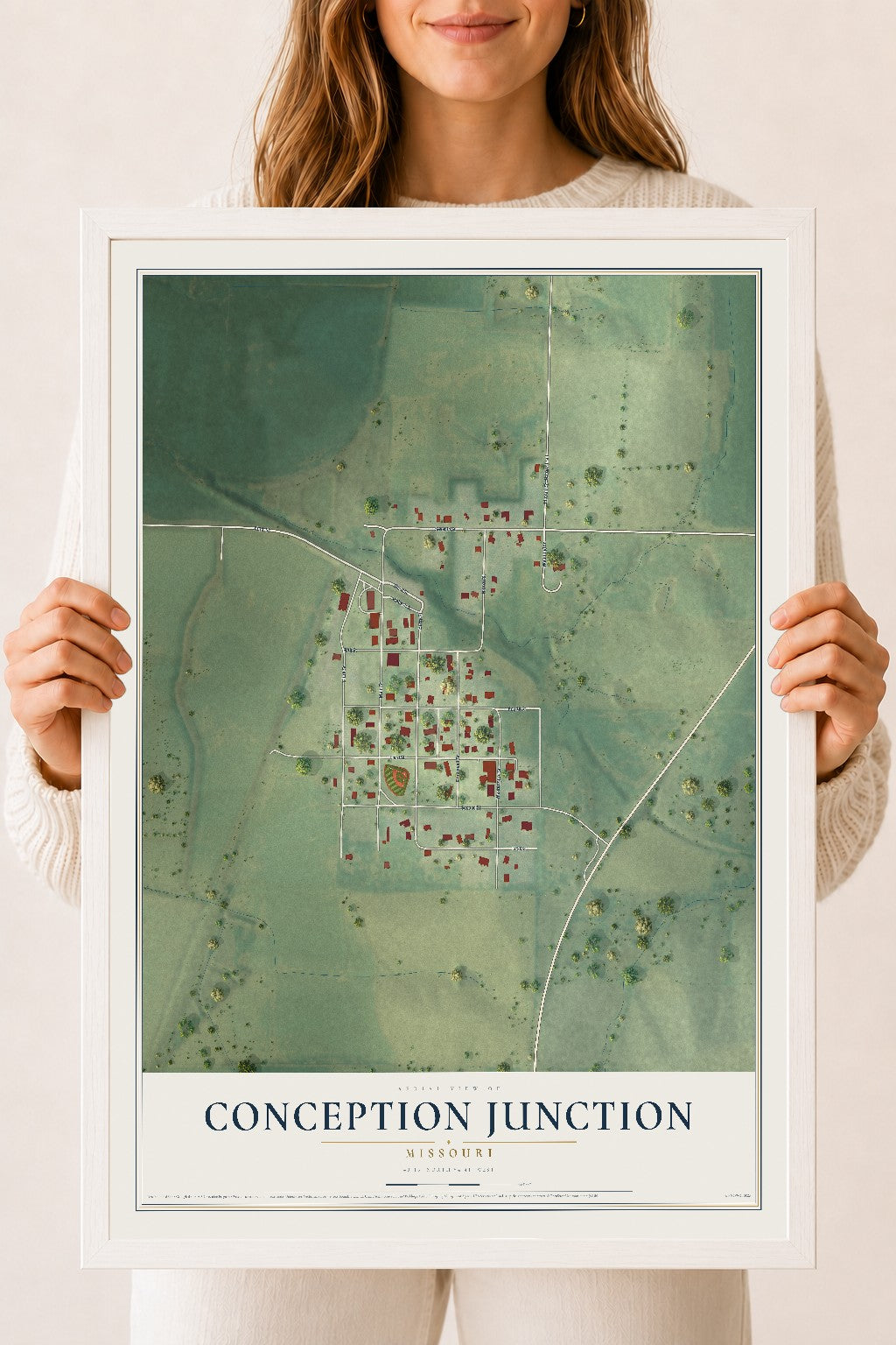 Map of Conception Junction, Missouri, 18 x 24 inch print in a white wood frame