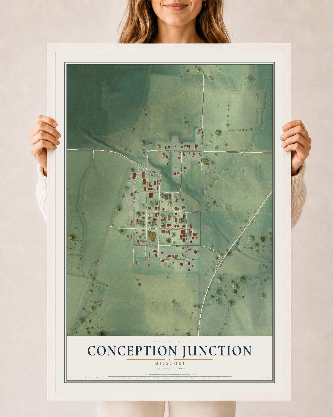 Map of Conception Junction, Missouri, 24 x 36 inch print in a white wood frame