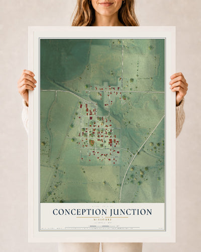 Map of Conception Junction, Missouri, 24 x 36 inch print in a white wood frame