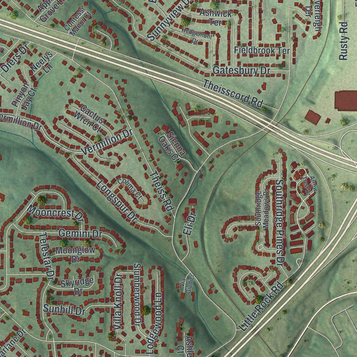 Second close-up of the map of Concord, Missouri print showing more streets and buildings
