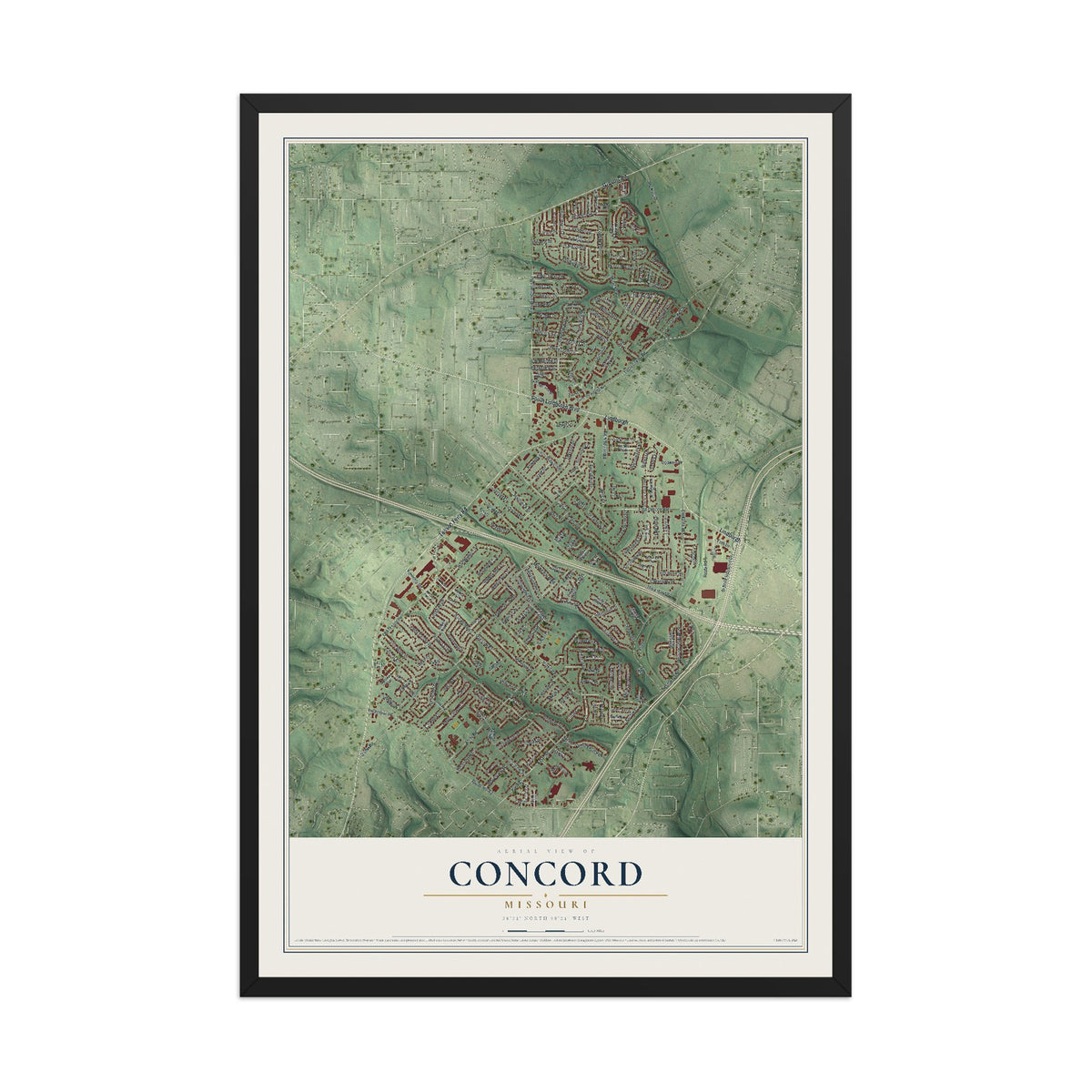 Map of Concord, Missouri, 12 x 18 inch print in a black wood frame
