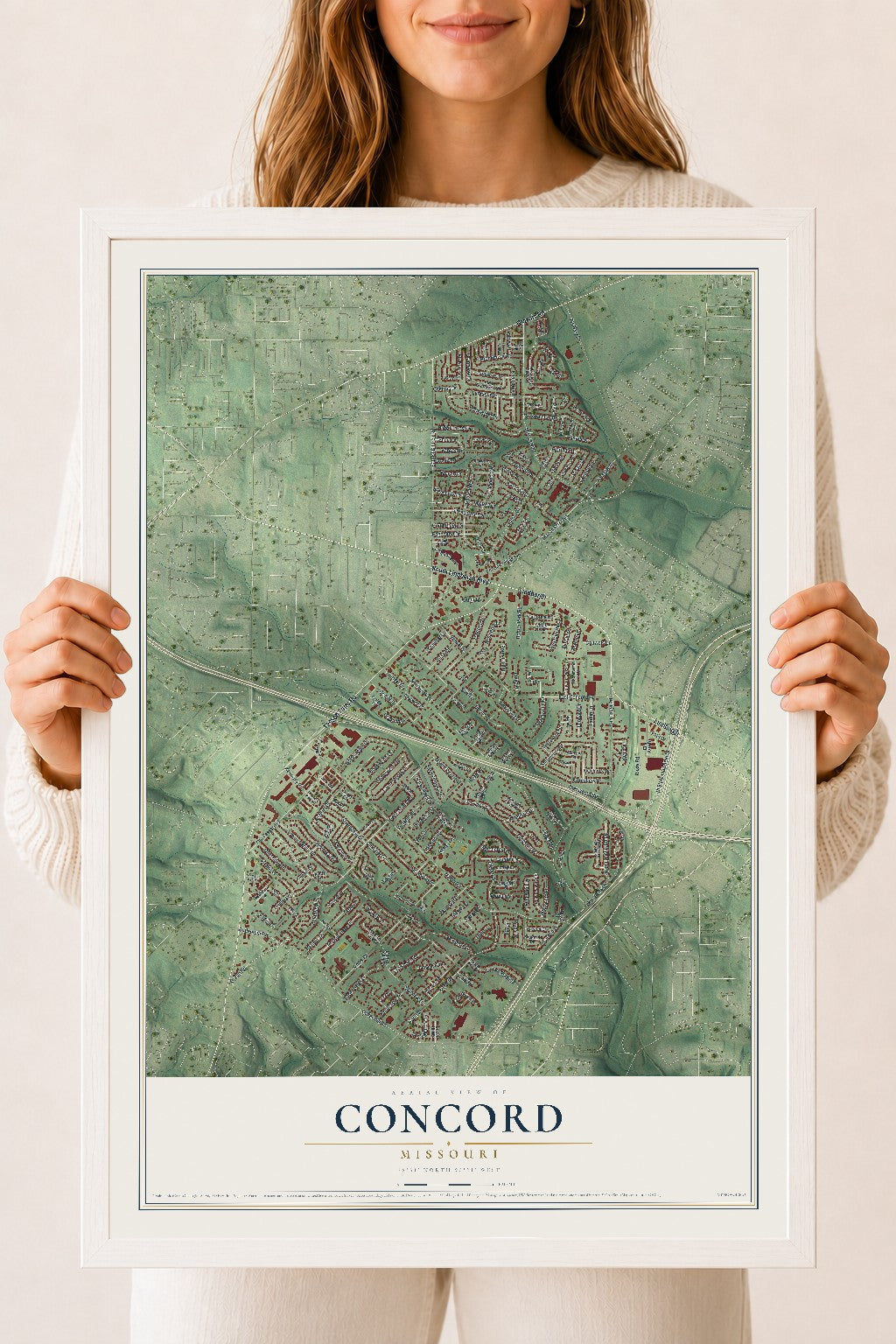 Map of Concord, Missouri, 18 x 24 inch print in a white wood frame