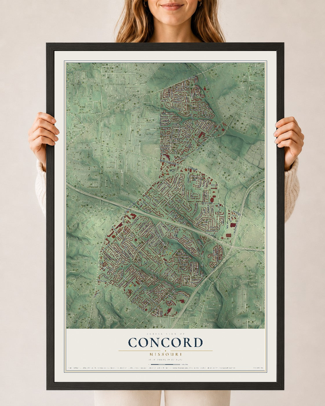 Map of Concord, Missouri, 24 x 36 inch print in a black wood frame