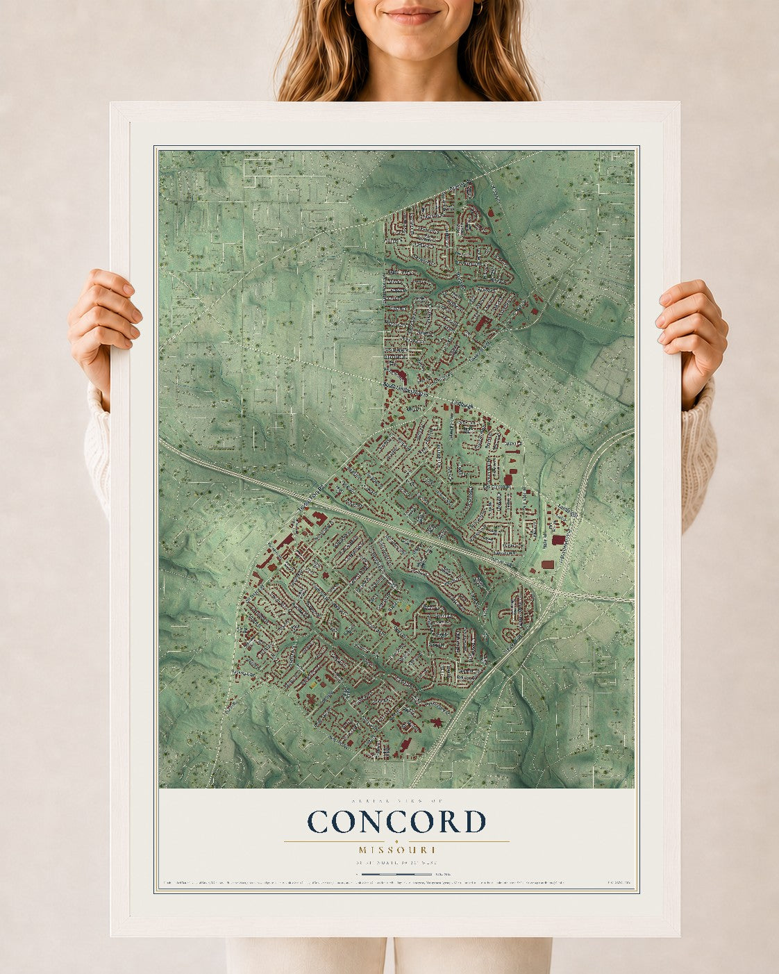Map of Concord, Missouri, 24 x 36 inch print in a white wood frame