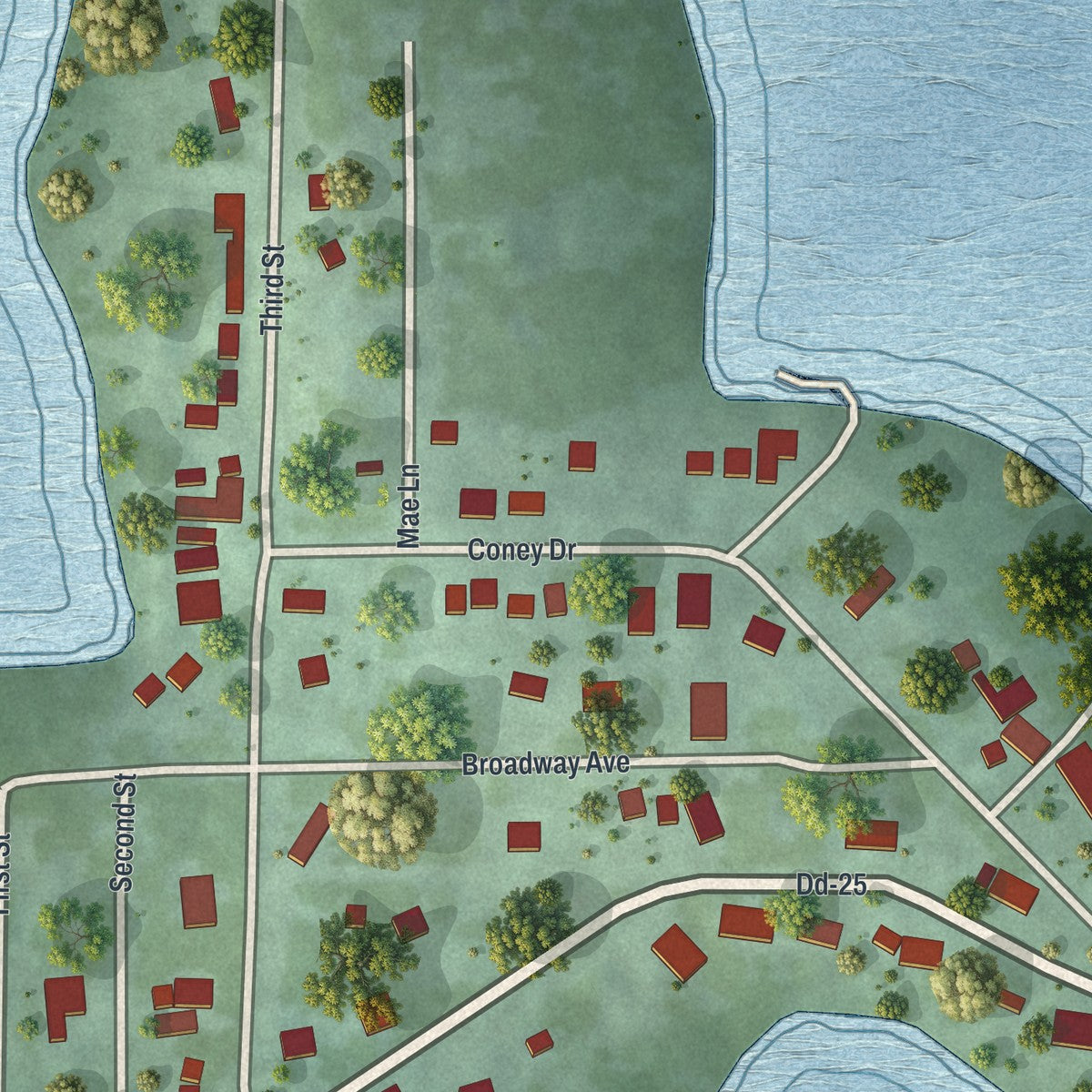Close-up of the map of Coney Island, Missouri print showing street and building detail
