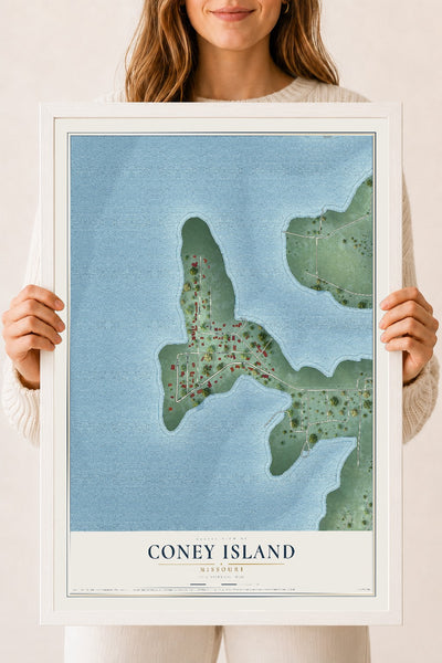 Map of Coney Island, Missouri, 18 x 24 inch print in a white wood frame