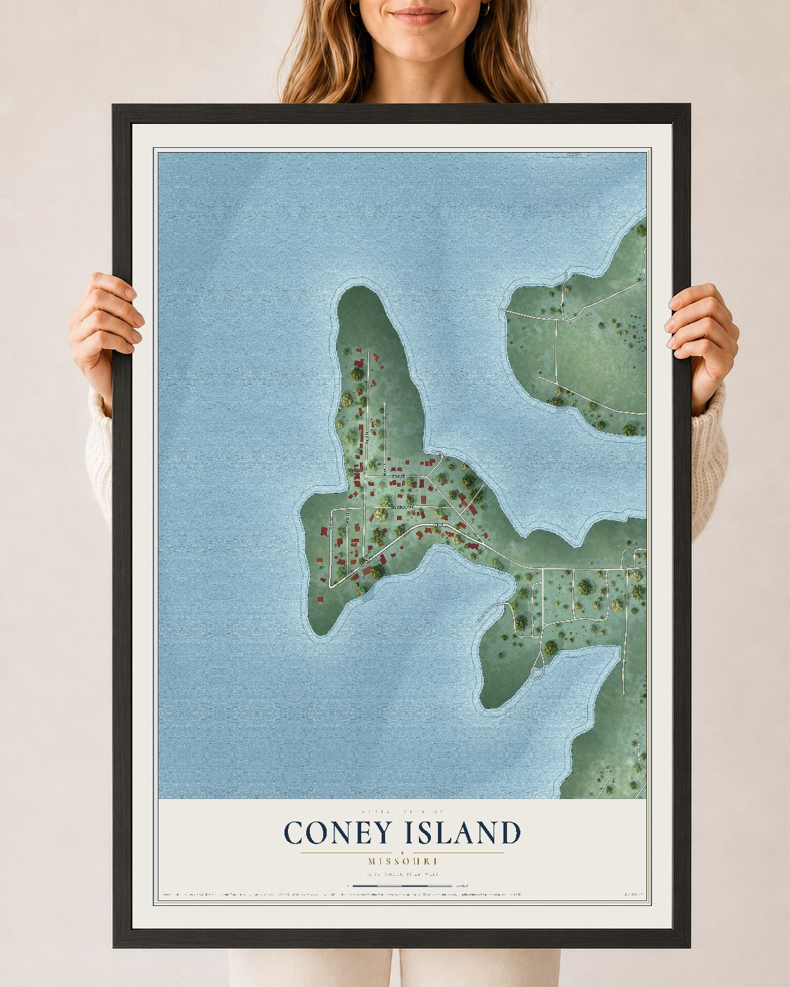 Map of Coney Island, Missouri, 24 x 36 inch print in a black wood frame