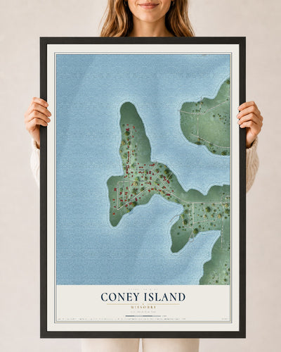 Map of Coney Island, Missouri, 24 x 36 inch print in a black wood frame