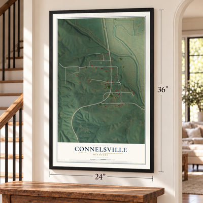 Connelsville, Missouri map, 24 x 36 inch print in a black frame by a staircase