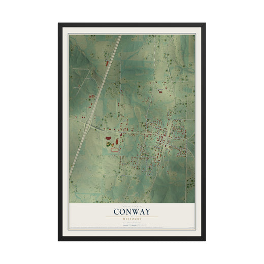 Map of Conway, Missouri, 12 x 18 inch print in a black wood frame