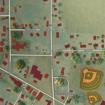 Close-up of the map of Cooter, Missouri print showing street and building detail