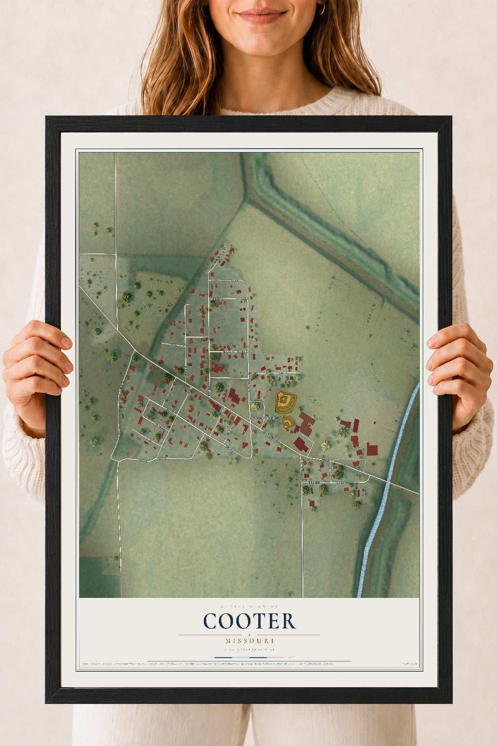 Map of Cooter, Missouri, 18 x 24 inch print in a black wood frame
