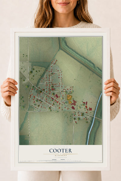 Map of Cooter, Missouri, 18 x 24 inch print in a white wood frame