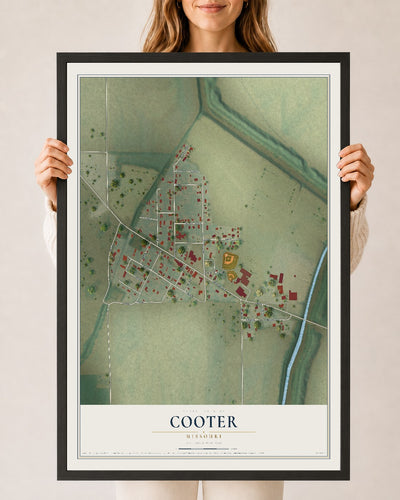 Map of Cooter, Missouri, 24 x 36 inch print in a black wood frame