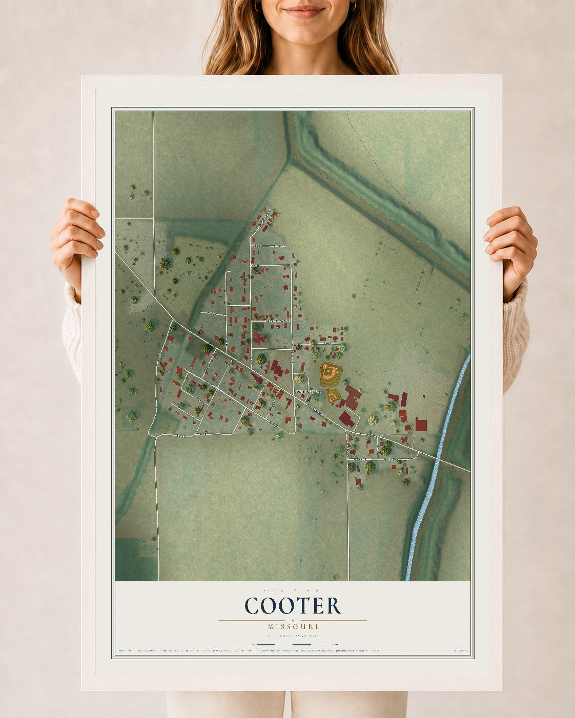 Map of Cooter, Missouri, 24 x 36 inch print in a white wood frame