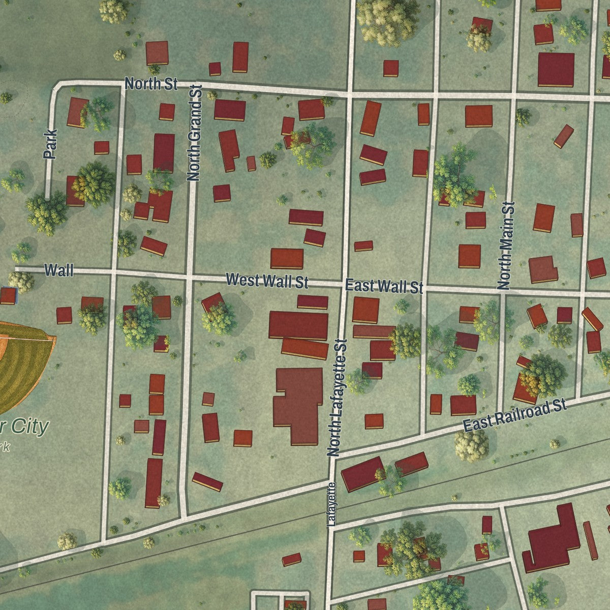 Close-up of the map of Corder, Missouri print showing street and building detail