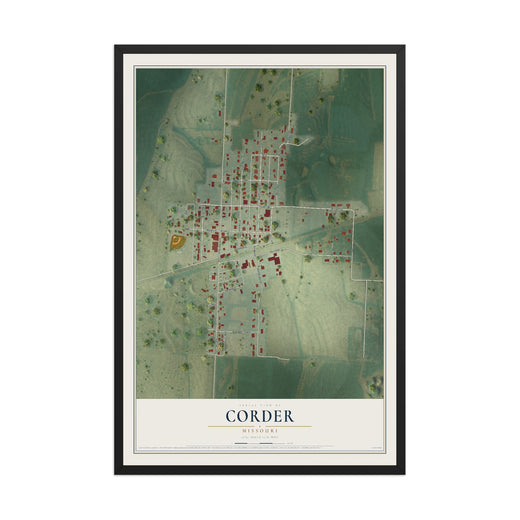 Map of Corder, Missouri, 12 x 18 inch print in a black wood frame