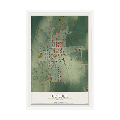 Map of Corder, Missouri, 12 x 18 inch print in a white wood frame
