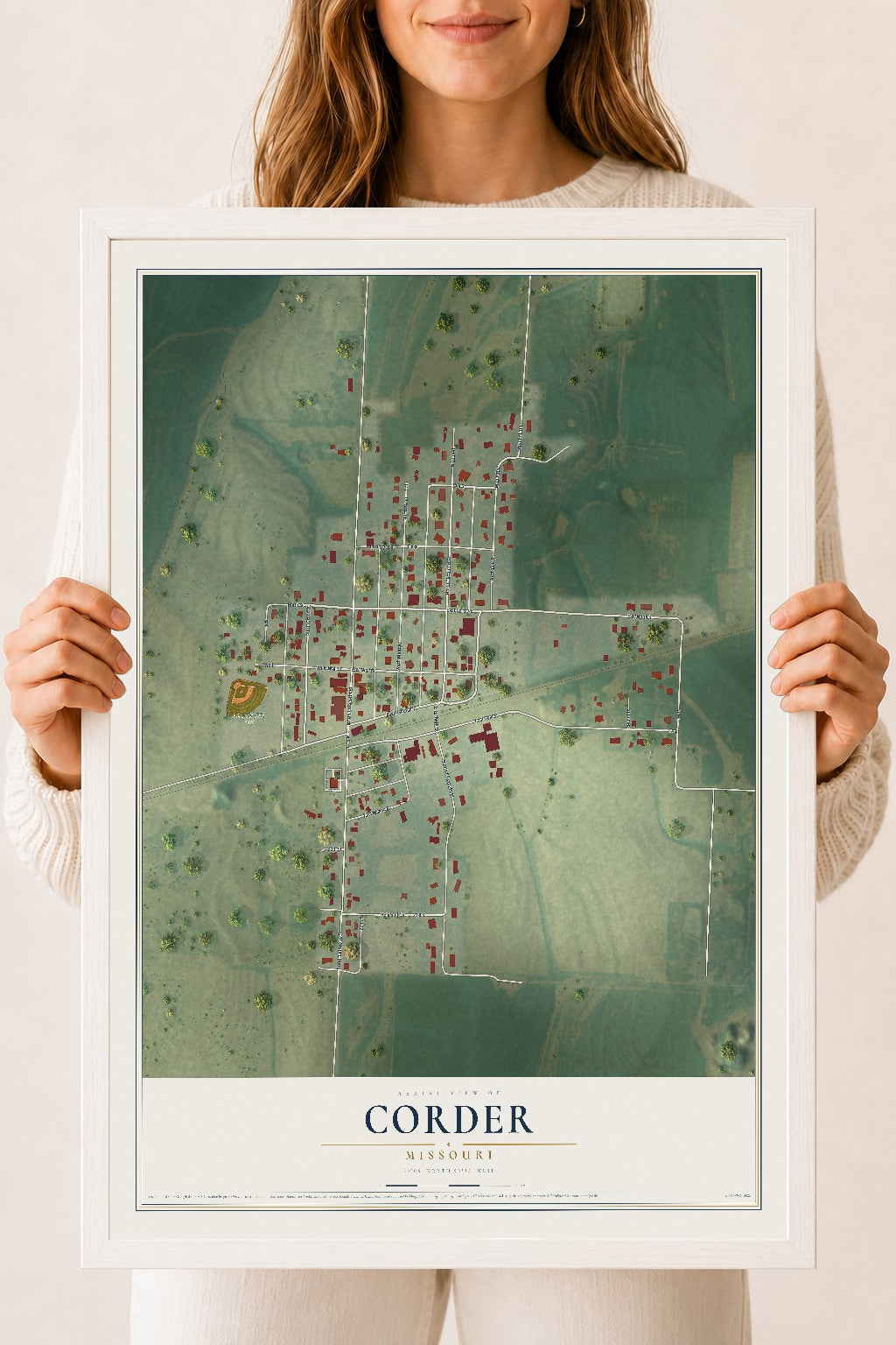 Map of Corder, Missouri, 18 x 24 inch print in a white wood frame