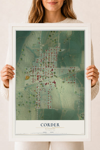 Map of Corder, Missouri, 18 x 24 inch print in a white wood frame