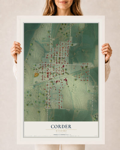 Map of Corder, Missouri, 24 x 36 inch print in a white wood frame