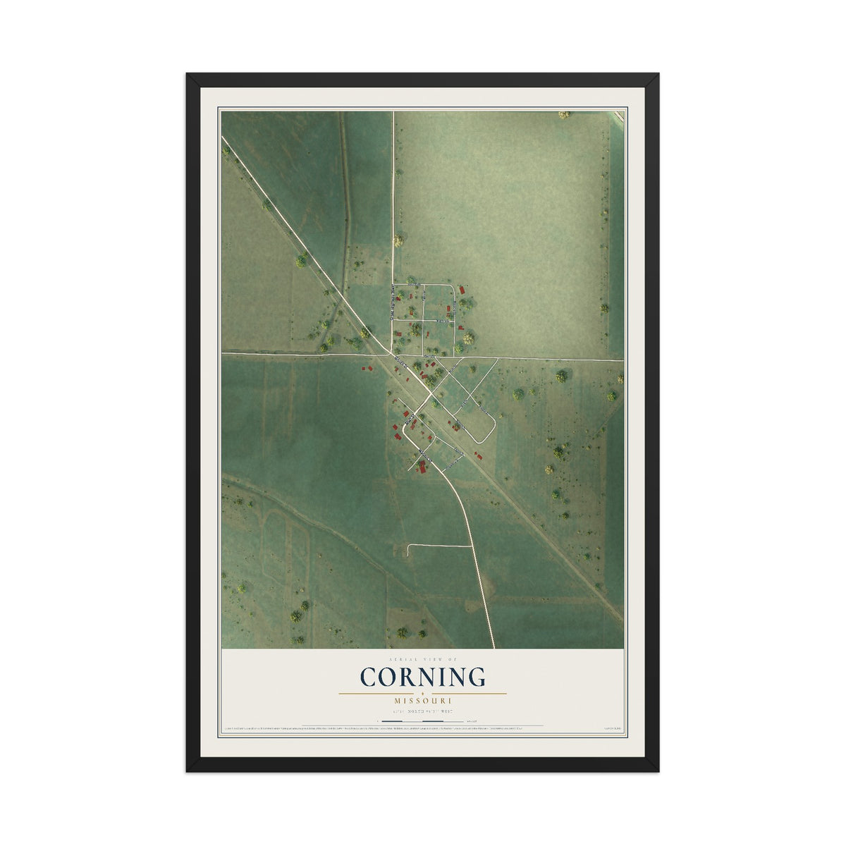 Map of Corning, Missouri, 12 x 18 inch print in a black wood frame